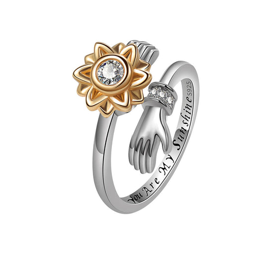 Sterling Silver Sunflower Adjustable Personalized Rotating Ring