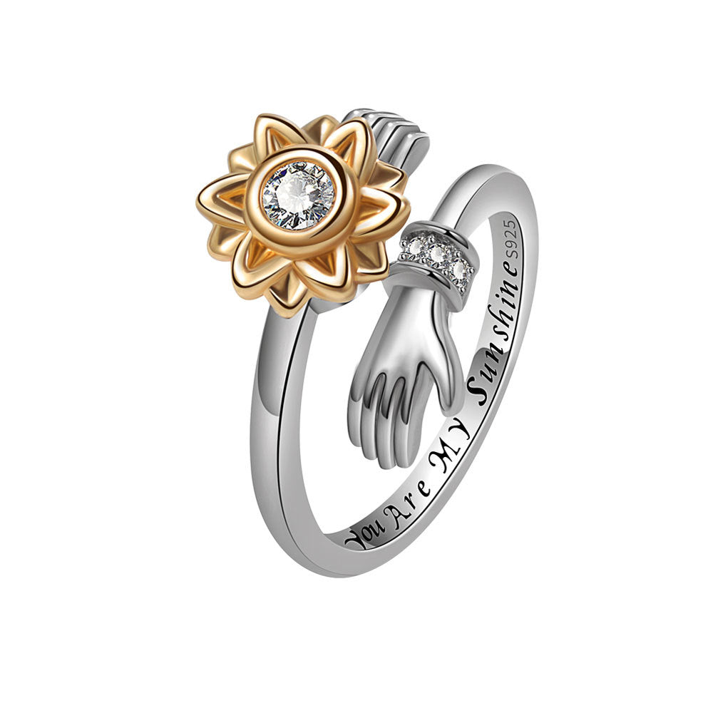 Sterling Silver Sunflower Adjustable Personalized Rotating Ring