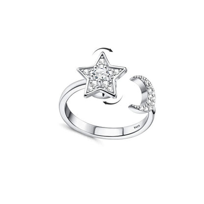 Sterling Silver Star And Moon Adjustable Rotating Ring